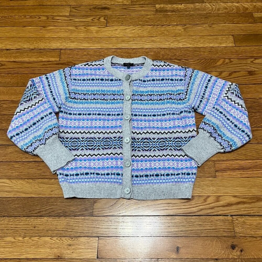 Talbots Multicolor Fair Isle Cardigan Sweater - Gray, Black, Blue, Purple